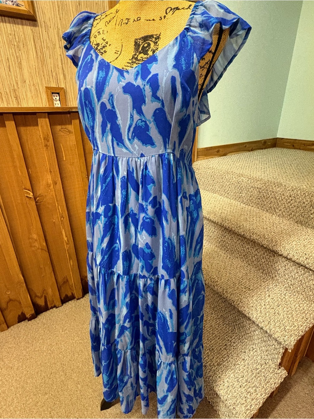 Blue Abstract Tiered Maxi Dress with Ruffled Sleeves